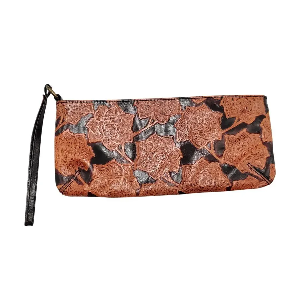 Y2K Express Brown Embossed Genuine Leather Floral Print Wristlet Clutch Handbag